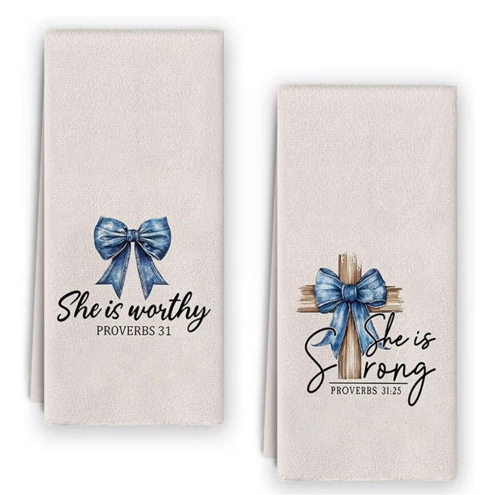 Embroidered Scripture Kitchen Towels - Blue Bow Design